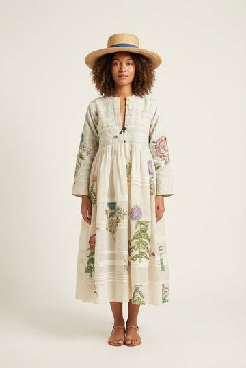 Women's Floral Embroidered Quilted Midi Dress Long Sleeve Garden Style