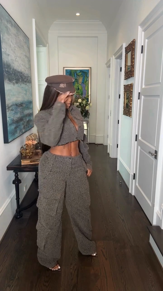 Grey-brown wool short coat and wide-leg pants suit