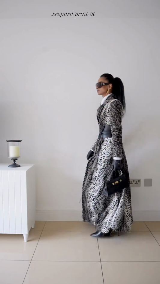 Monochrome Leopard-Print Tailored Maxi Coat