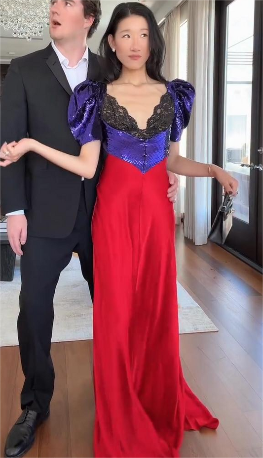 Color-blocked sequined lace maxi dress