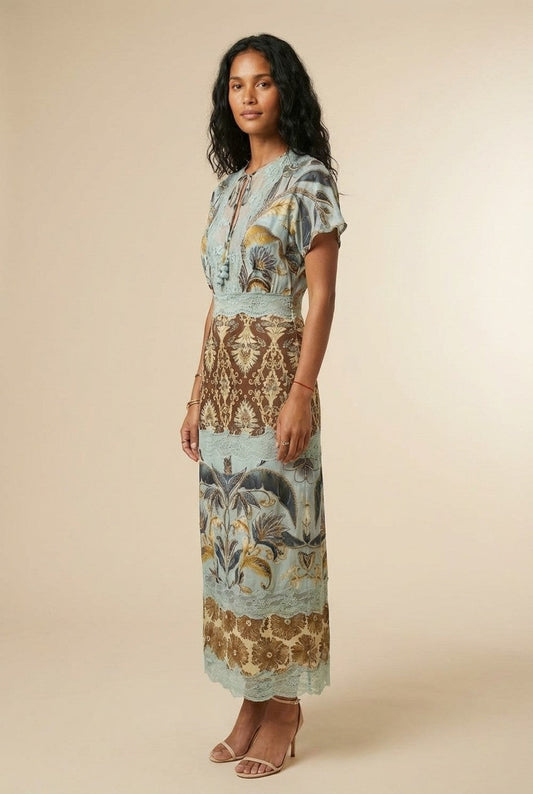 Women's Bohemian Floral Printed Maxi Dress with Lace Insets