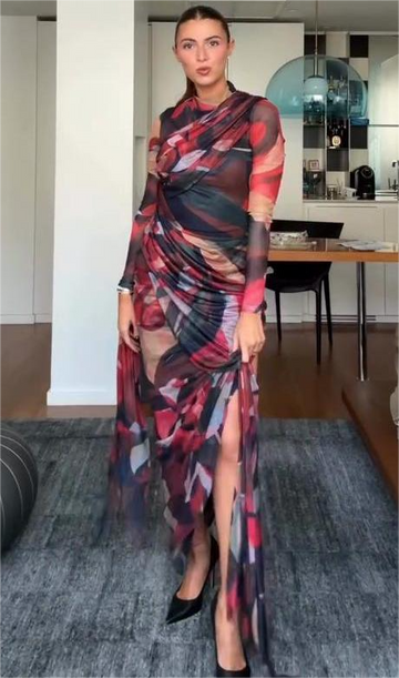 Printed draped mesh side-slit maxi skirt