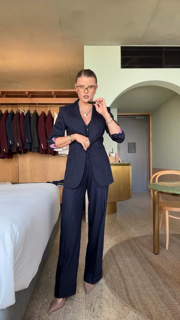 Navy blue pinstripe suit
