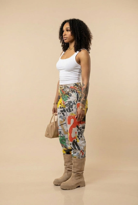Women's Bold Graffiti Print Graphic Trousers, Relaxed Fit Streetwear