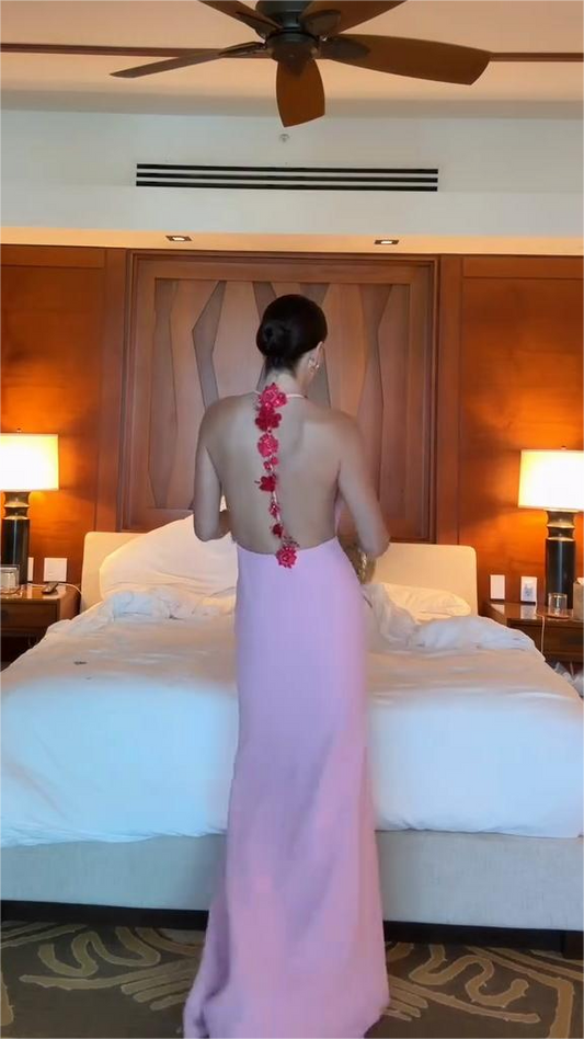 Pink sleeveless deep V-neck long dress
