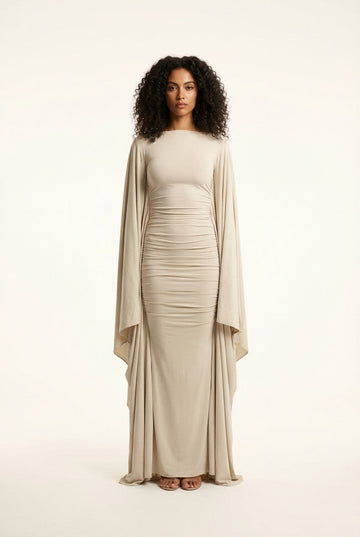 Women's Ruched Jersey Maxi Dress with Dramatic Cape Sleeve Detail