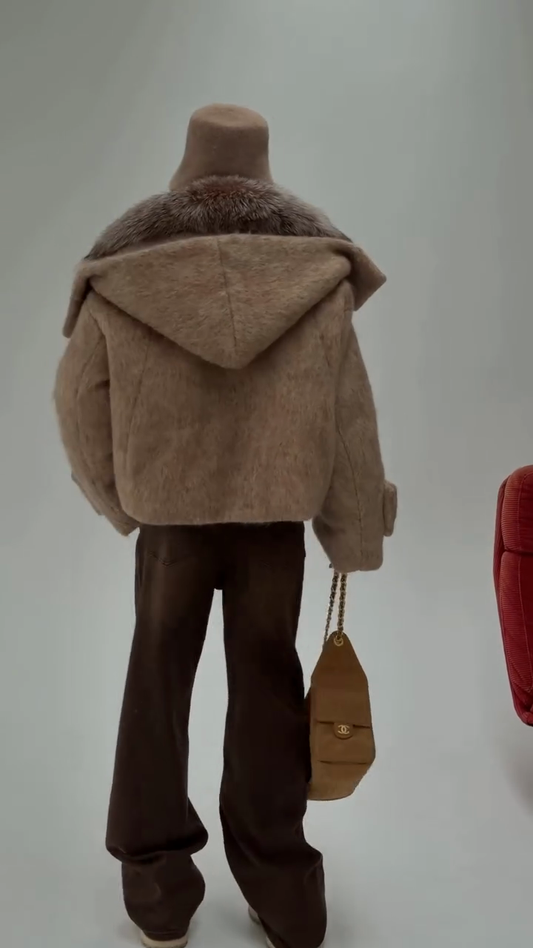 Beige Faux Fur Collar Oversized Jacket