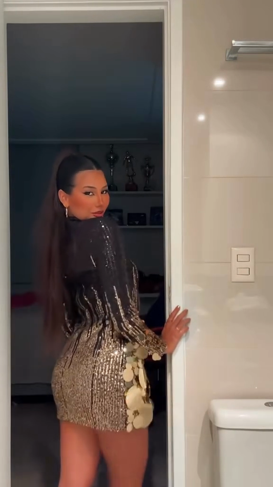 Gold and black sequined long-sleeved mini dress