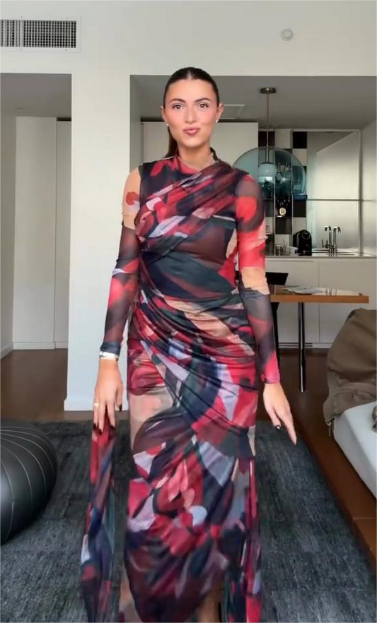 Printed draped mesh side-slit maxi skirt