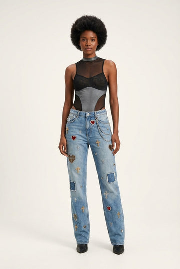 Vintage Heart & Cross Embroidered Straight-Leg Denim Jeans