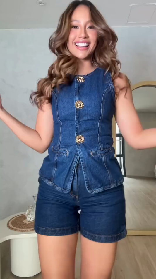 Denim sleeveless vest and shorts set