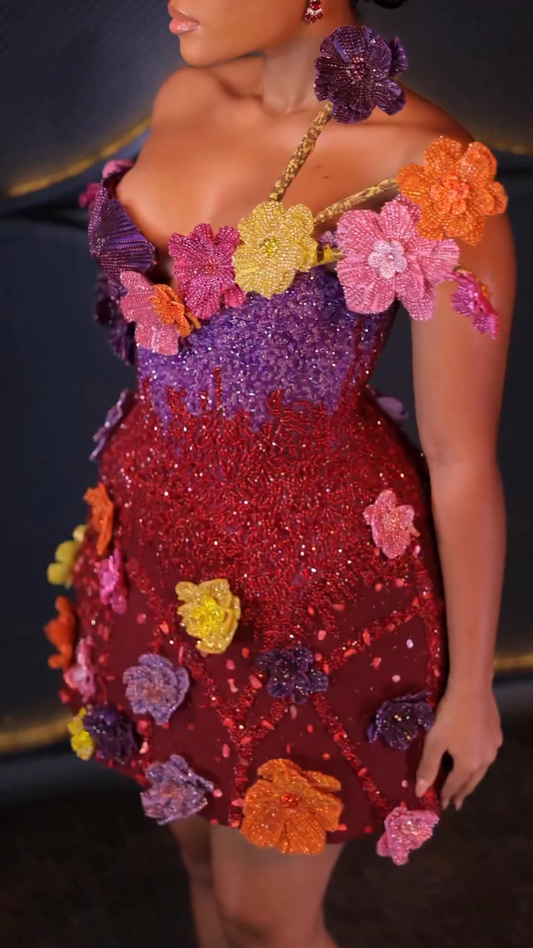 Mini dress adorned with brightly colored flowers