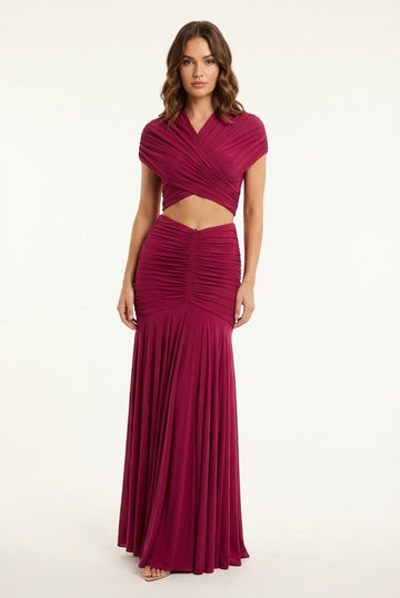 Women's Ruched Jersey Wrap Crop Top and Maxi Skirt Set, Berry Evening
