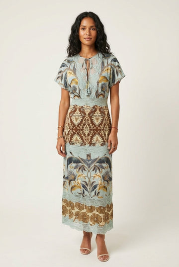 Women's Bohemian Floral Printed Maxi Dress with Lace Insets