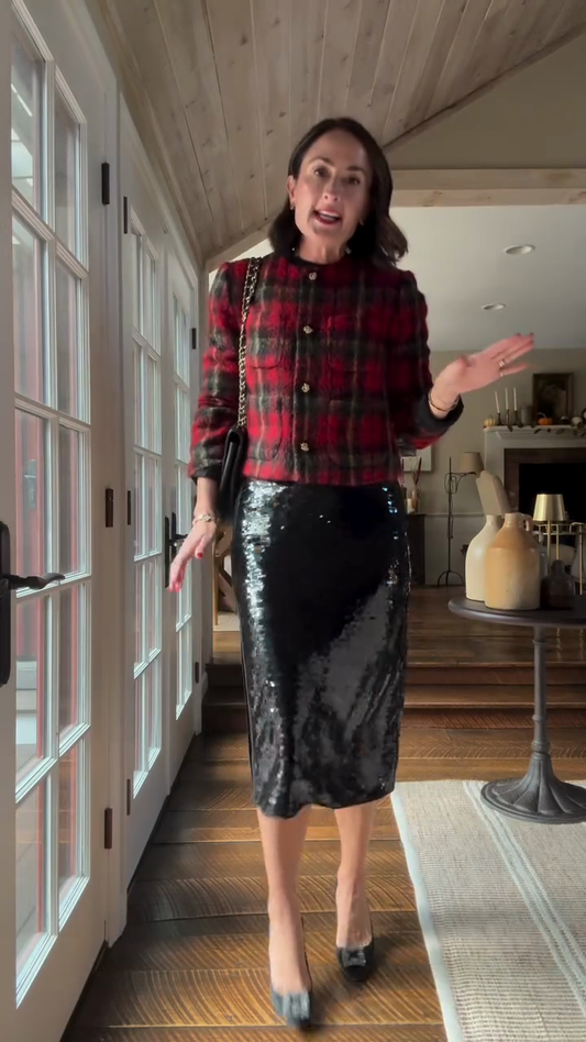 Red plaid tweed and black sequined midi skirt suit
