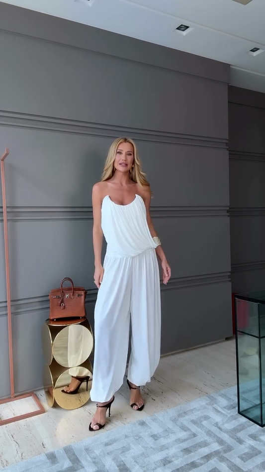 White strapless ruffled suit