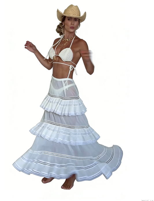 Crocheted Bikini Ruffle Three-Piece Set