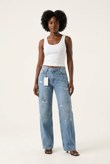 Women's Distressed Denim Heart Patch Jeans, High-Waisted Wide-Leg Fit