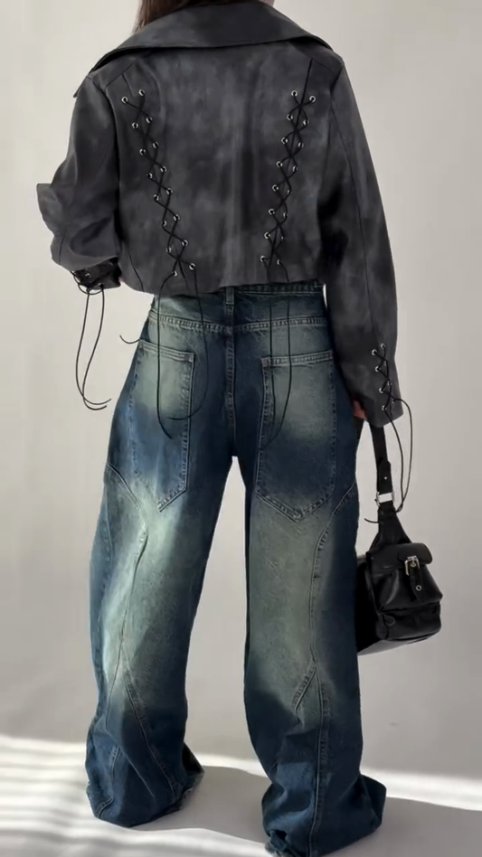 Dark Washed Oversized Distressed Jeans