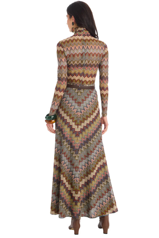 Chevron-Print Turtleneck Maxi Dress