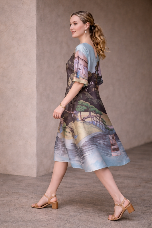 Landscape Print Oversized Silk-Blend Dress