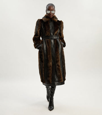 Faux Fur Panelled Belted Midi Coat