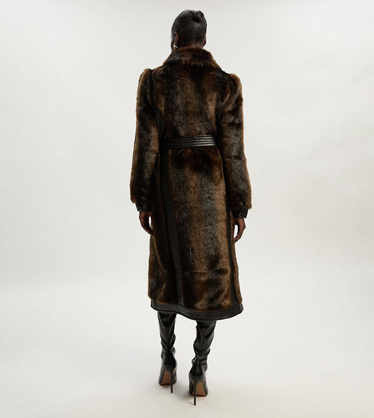 Faux Fur Panelled Belted Midi Coat