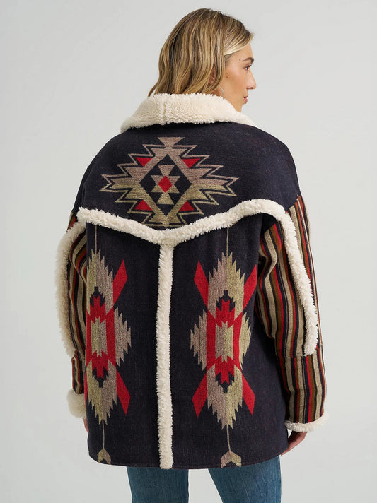 Aztec printed wool-trimmed coat