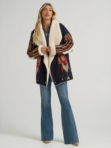 Aztec printed wool-trimmed coat