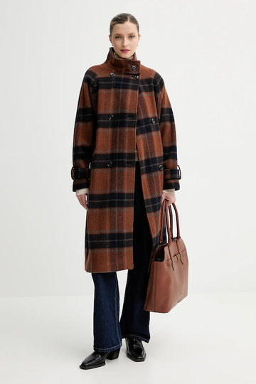 Brown plaid double-breasted wool blend coat