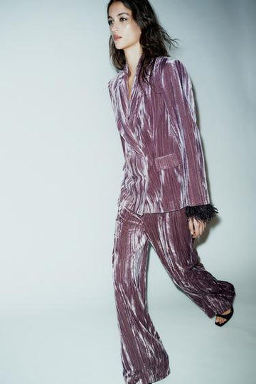 Plum-colored pleated velvet suit