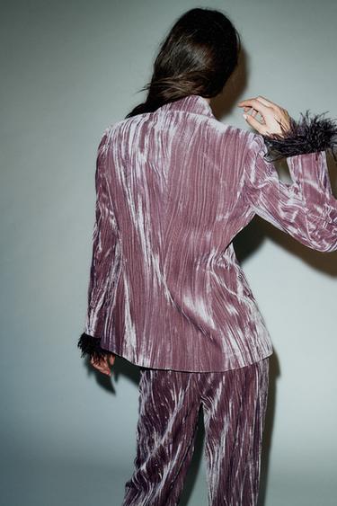 Plum-colored pleated velvet suit