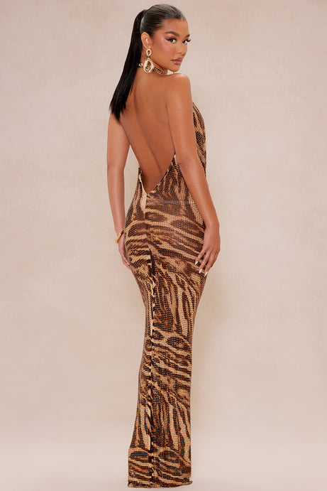 Zebra Print Sequin Halter Gown
