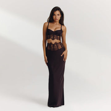 Chocolate brown lace-trimmed sexy long dress suit