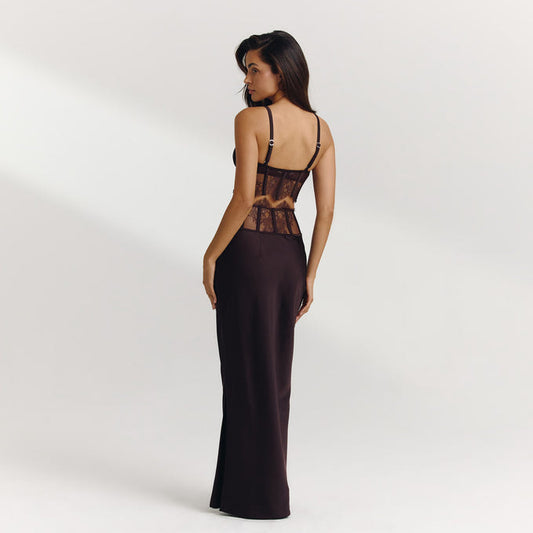 Chocolate brown lace-trimmed sexy long dress suit