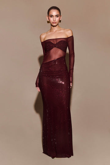Burgundy sequined off-shoulder tulle maxi dress