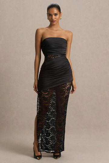 Black strapless pleated lace midi dress