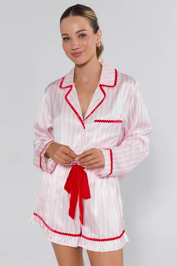 Pink and white striped satin pajama set
