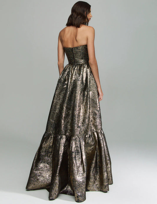 Gold metallic strapless prom dress