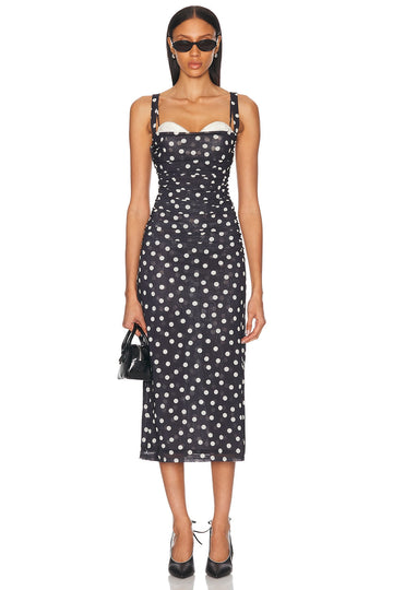 Black and white polka dot mesh midi dress