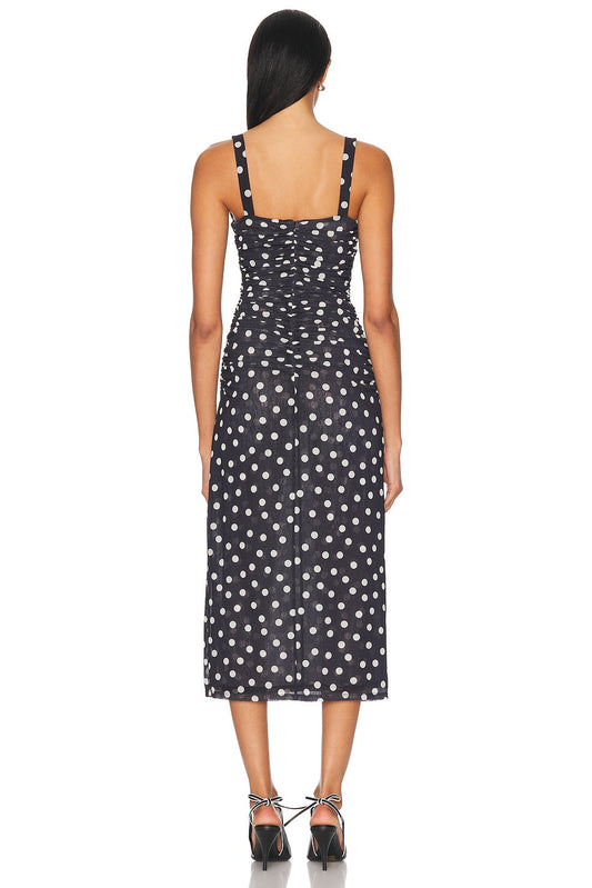 Black and white polka dot mesh midi dress