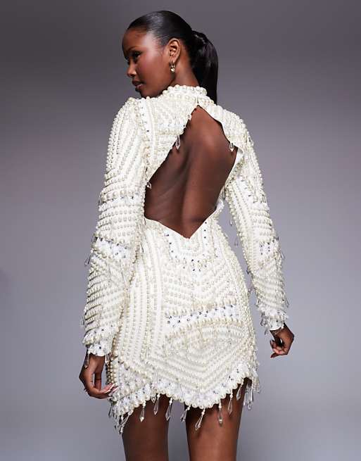 Pearl-Embellished Cutout Mini Dress