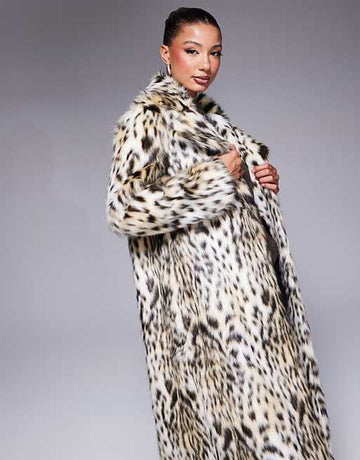 Leopard print faux fur long coat