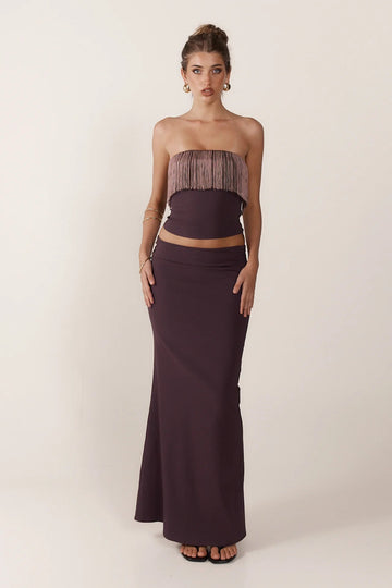 Plum-colored tassel strapless top and long skirt set