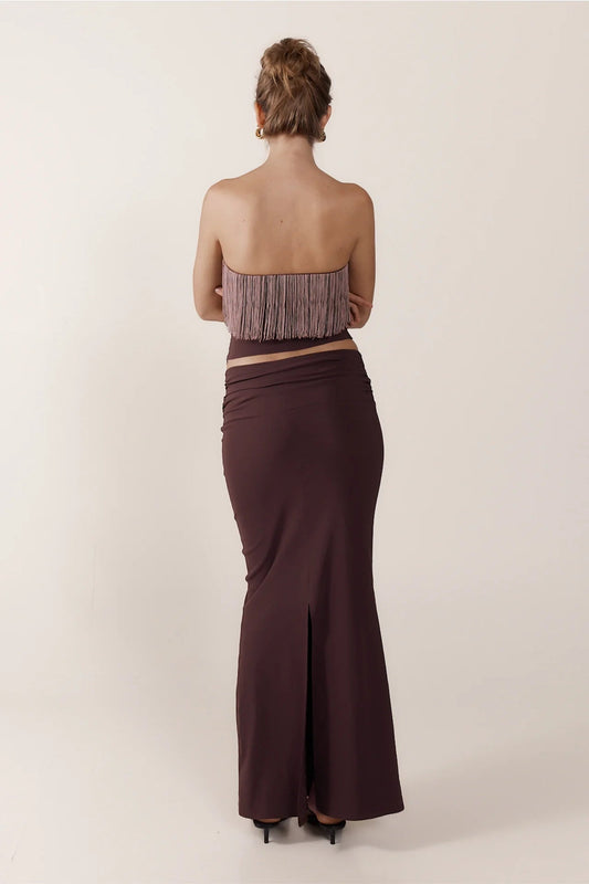 Plum-colored tassel strapless top and long skirt set