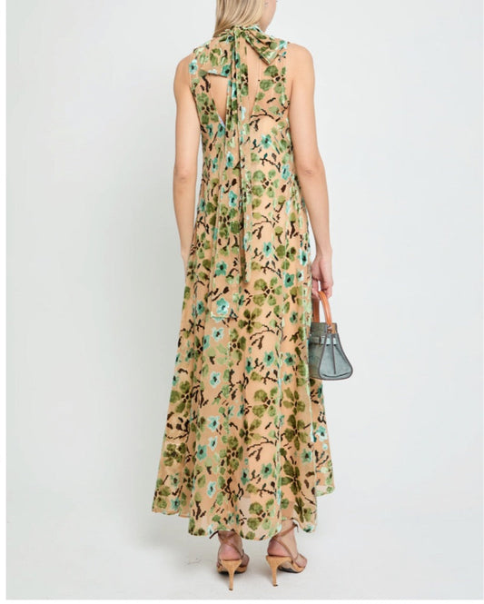 Beige printed turtleneck maxi dress