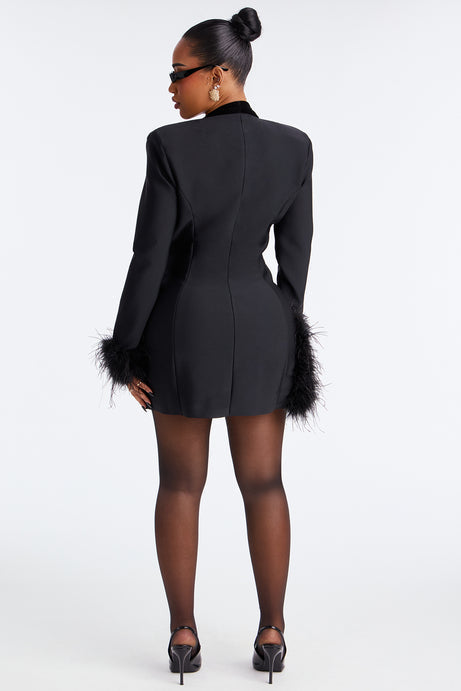 Black feather-trimmed suit dress