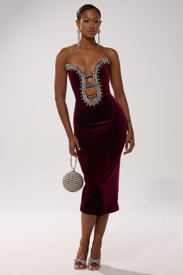 Burgundy velvet trim midi dress