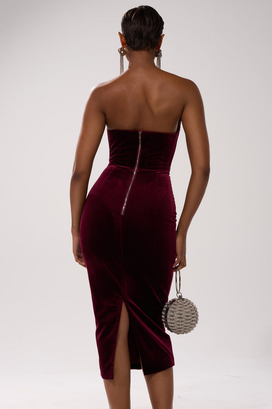 Burgundy velvet trim midi dress