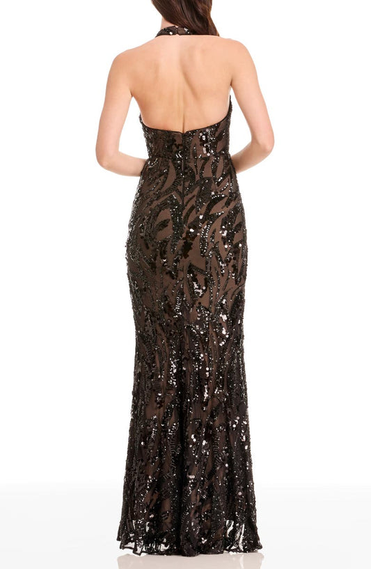 Sequined backless halter evening gown